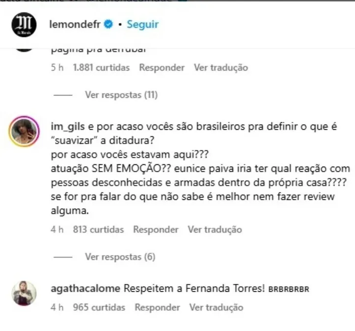 Print dos comentários deixados por brasileiros no Instagram do 'Le Monde'