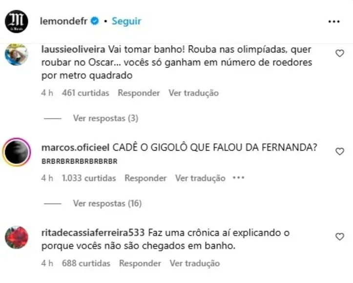 Print dos comentários deixados por brasileiros no Instagram do 'Le Monde'