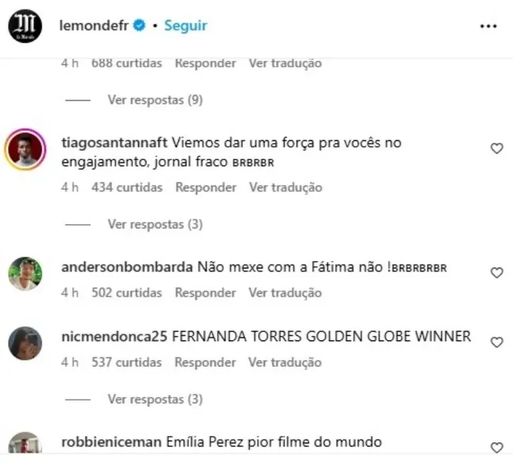 Print dos comentários deixados por brasileiros no Instagram do 'Le Monde'