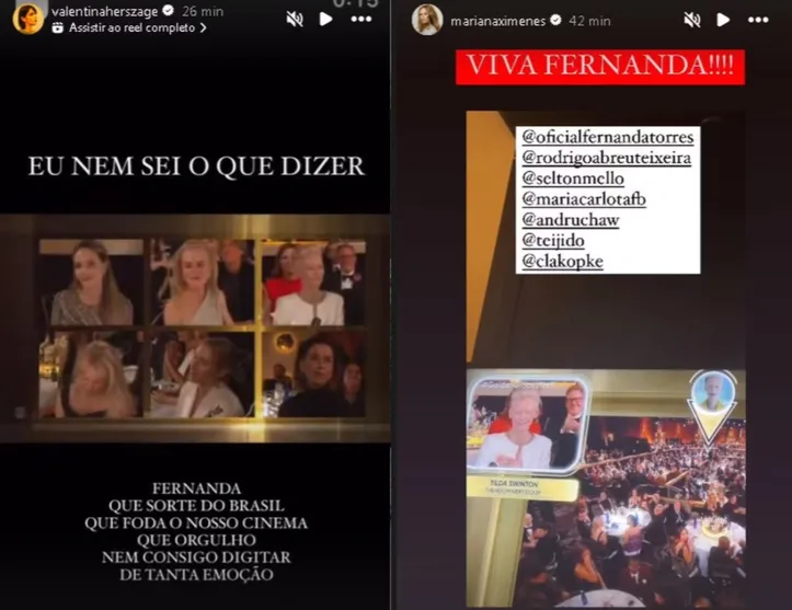 Valentina Herszage e Mariana Ximenes celebram a vitória de Fernanda Torres