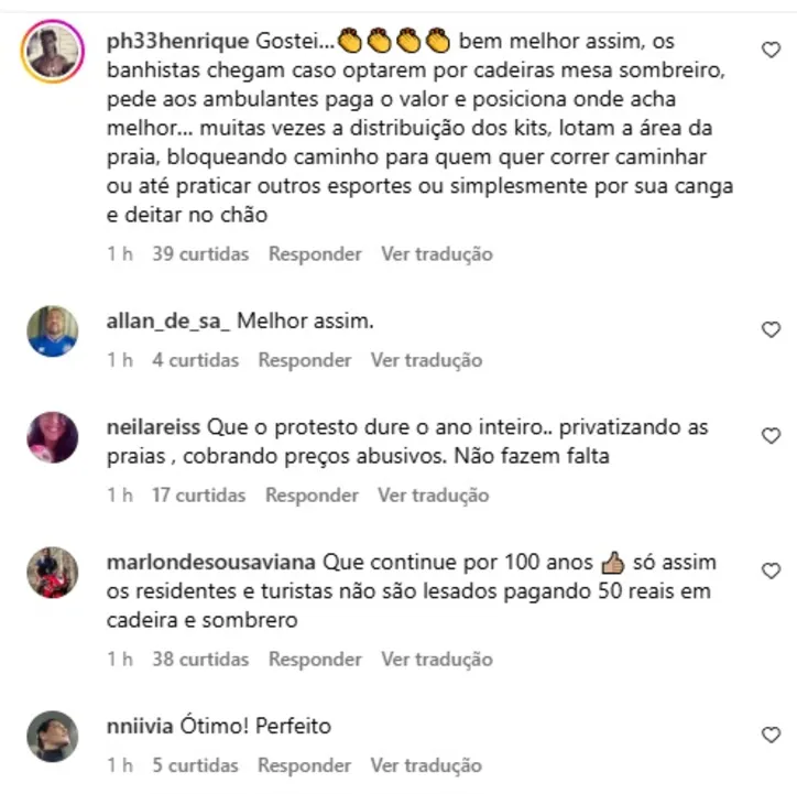 Comentários extraídos do A TARDE sobre a retirada das cadeiras nesta terça-feira