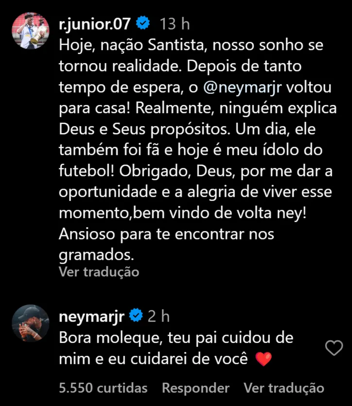 Imagem ilustrativa da imagem Neymar faz promessa ao filho de Robinho: “Teu pai cuidou de mim"