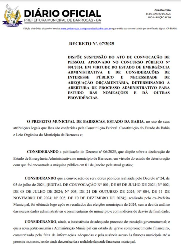 Imagem ilustrativa da imagem Prefeito de Barrocas suspende convocação de aprovados em concurso