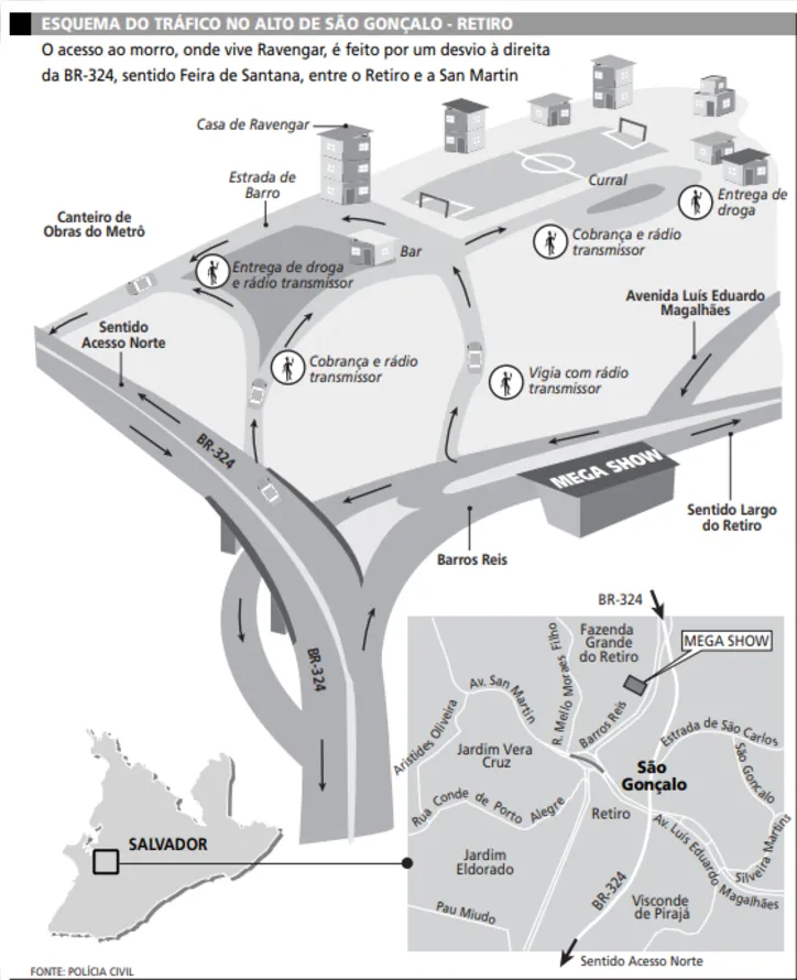 Mapa explica esquema de Ravengar no Morro do Águia