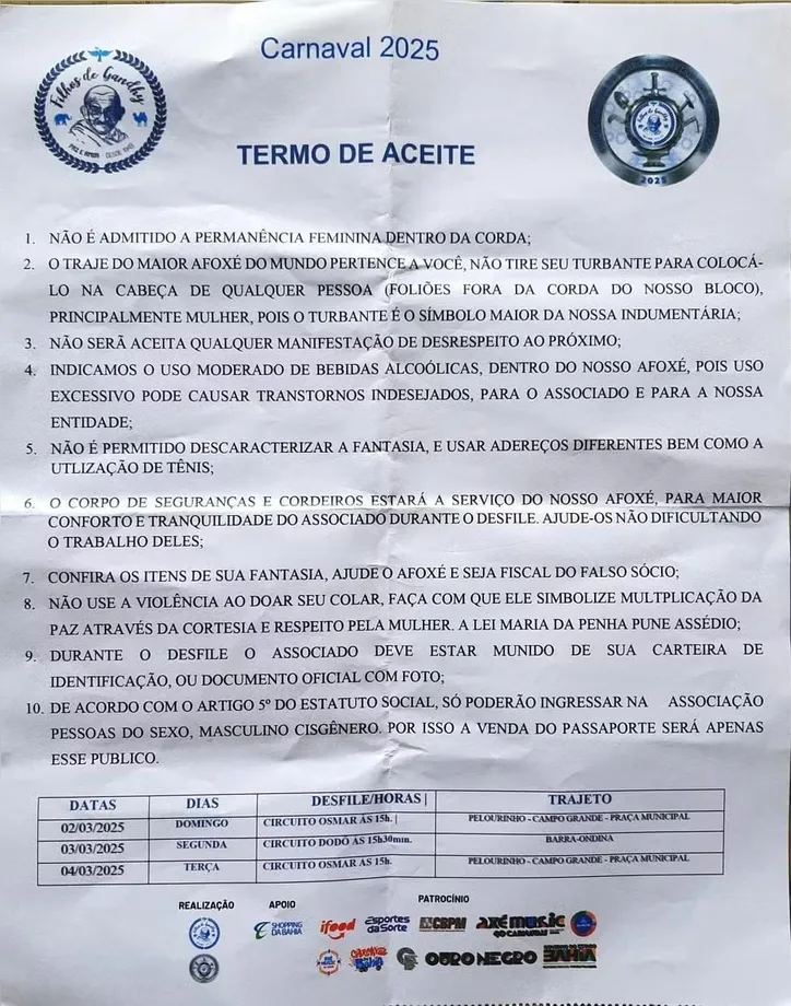 Antigo comunicado do Filhos de Gandhy foi criticado devido a cláusula 10. Bloco já alterou o trecho   "cisgênero" por "sexo masculino"