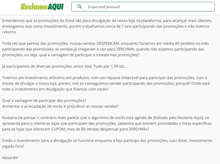 Reclamação de uma lojista