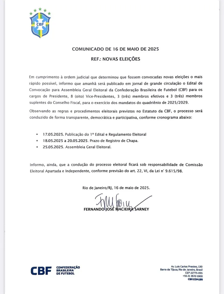 CBF anunciou novas eleições após afastamento de Ednaldo Rodrigues