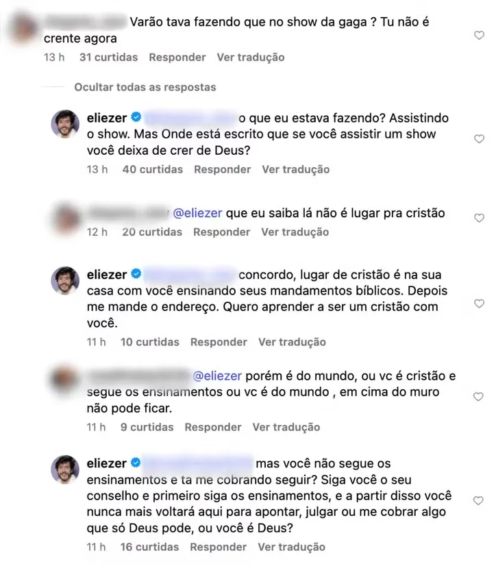 Imagem ilustrativa da imagem Cristão, Eliezer rebate críticas após ir ao show de Lady Gaga