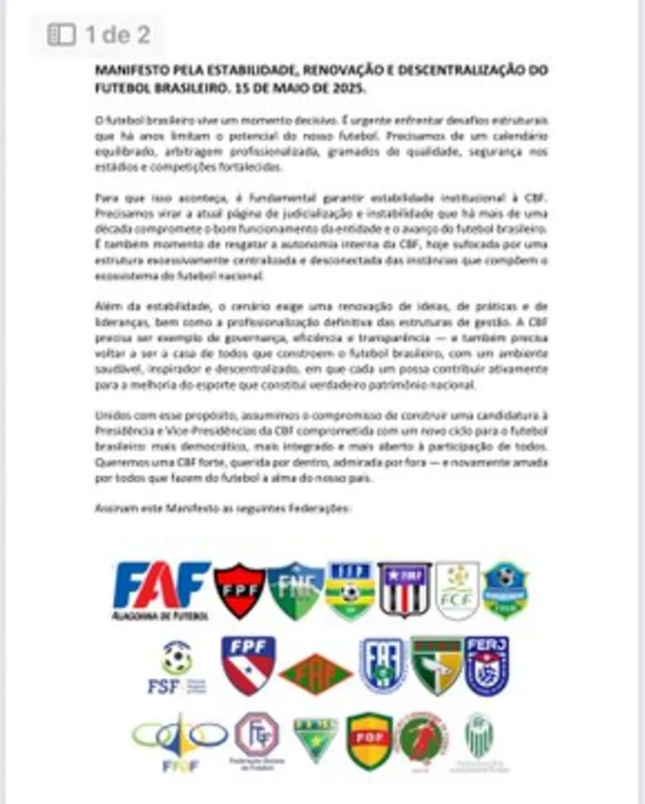 Manifesto assinado pelas federações estaduais de futebol confirma a ruptura com Ednaldo Rodrigues