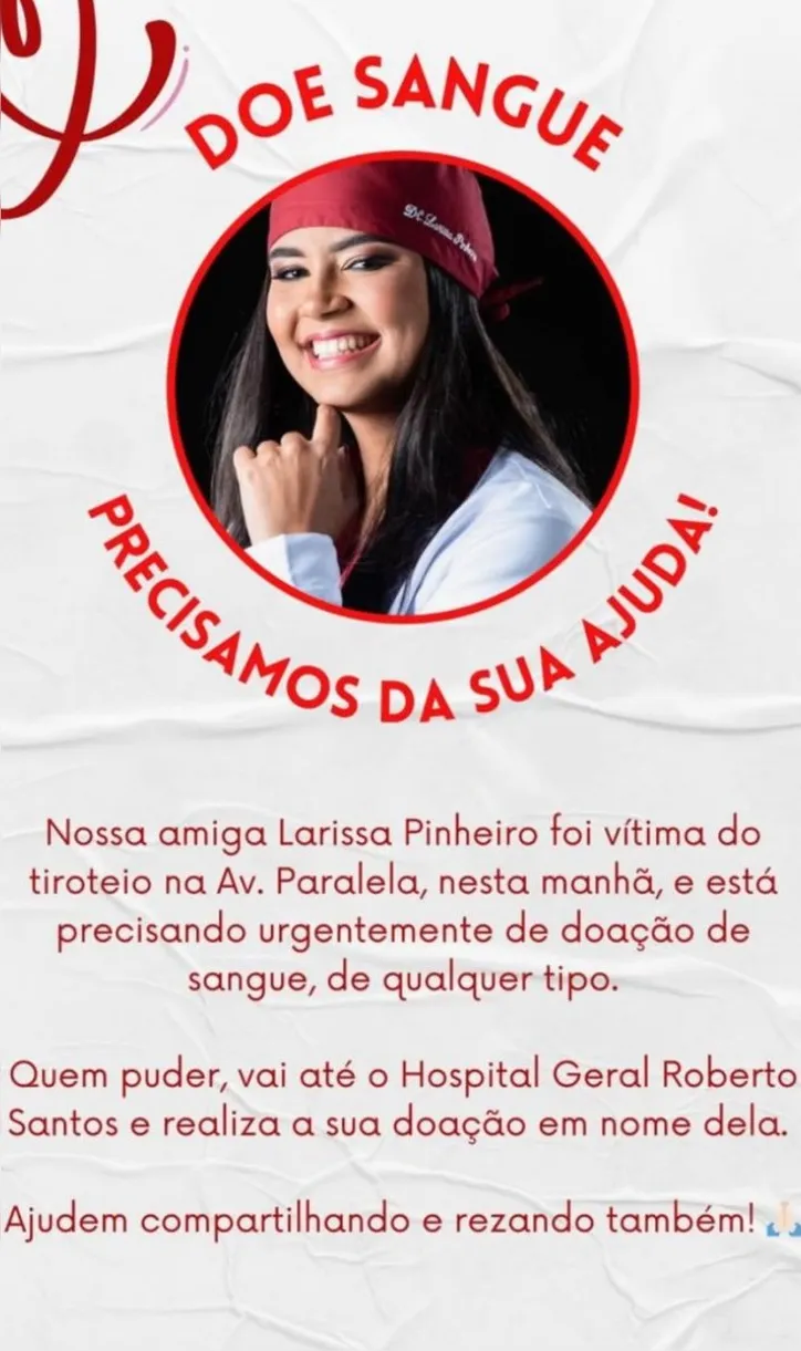 Imagem ilustrativa da imagem Dentista baleada teve pulmão perfurado e precisa de doação de sangue