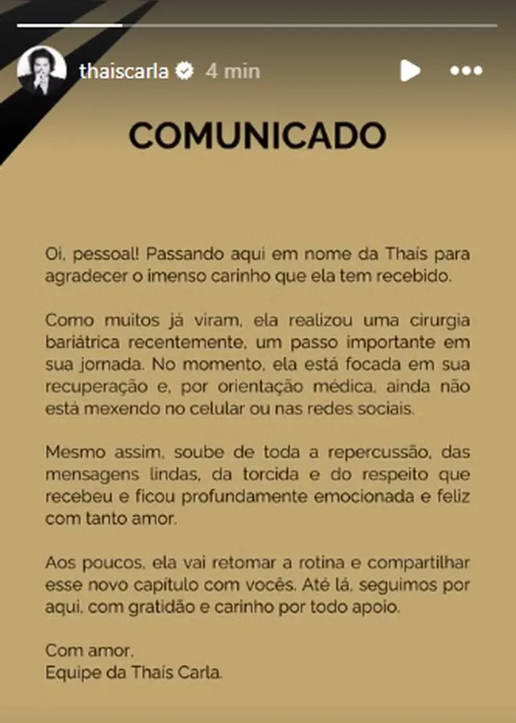 Imagem ilustrativa da imagem Equipe de Thais Carla explica sumiço da dançarina após cirurgia