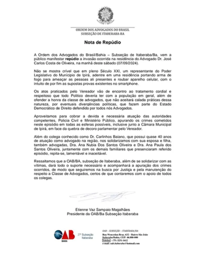 Nota de repúdio OAB Itaberaba