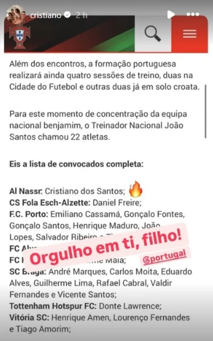 Cristiano Ronaldo celebra a convocação do filho Cristiano Júnior para a seleção sub-15 de Portugal