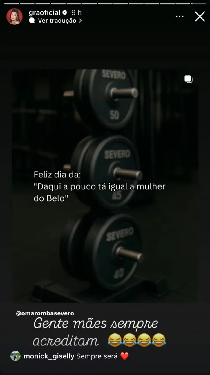 Imagem ilustrativa da imagem Bateu saudade? Gracyanne compartilha post a chamando de mulher de Belo