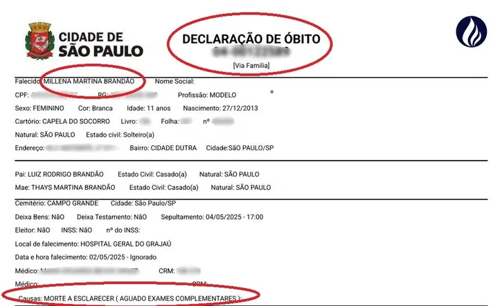 Declaração de óbito de Millena Brandão