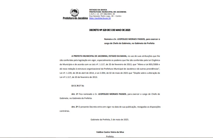 Imagem ilustrativa da imagem Prefeita de Jacobina nomeia marido como Chefe de Gabinete na gestão