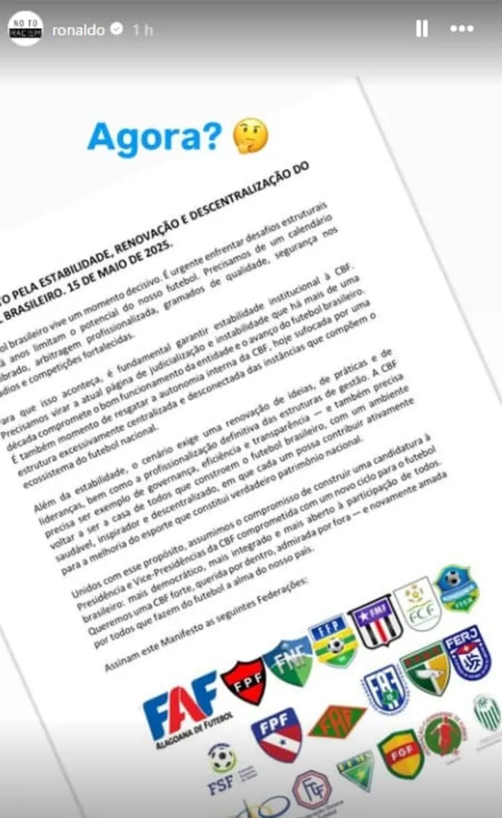 Imagem ilustrativa da imagem Ronaldo ironiza movimentação de federações contra Ednaldo; confira