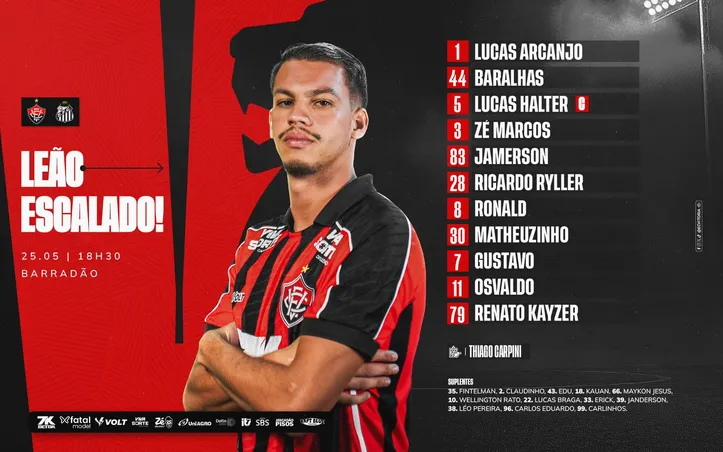 Imagem ilustrativa da imagem Com improvisação, Vitória está escalado para a partida contra o Santos