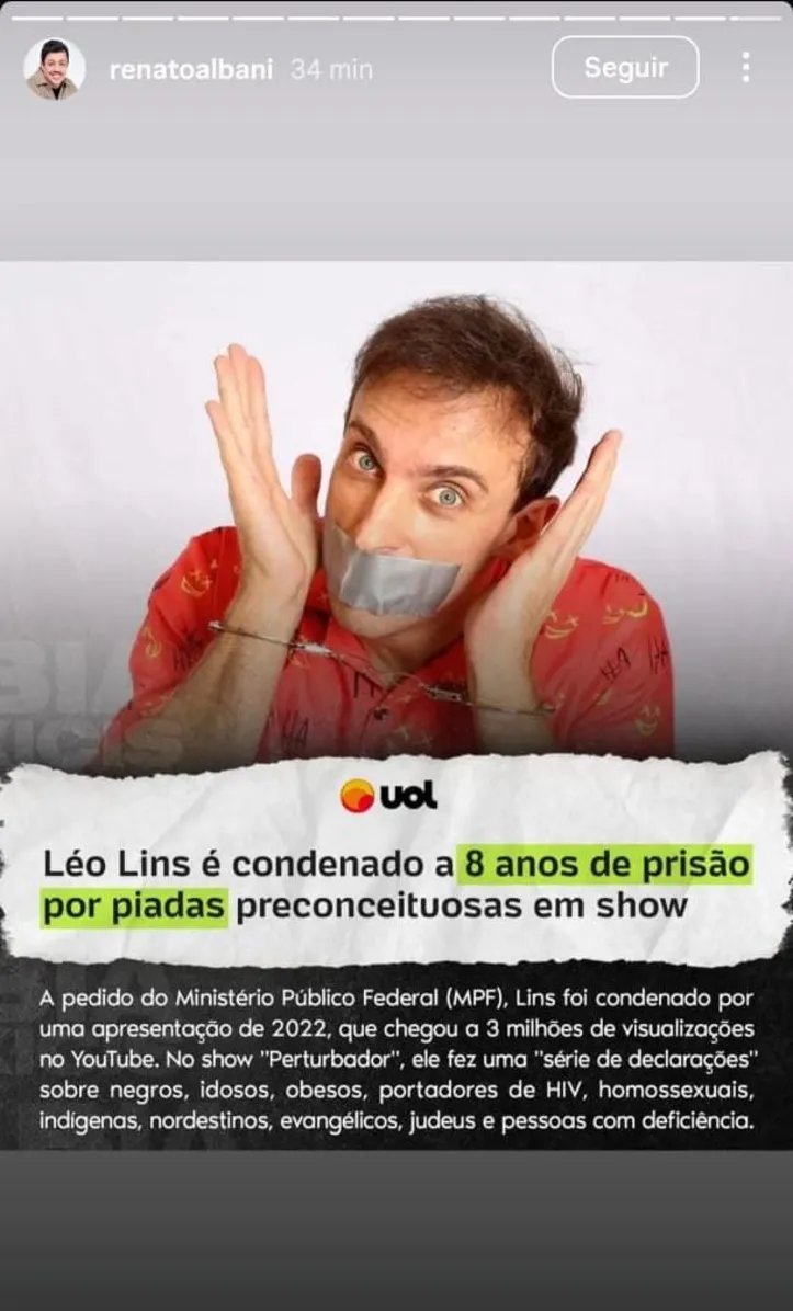 Postagem de Renato Albani sobre a prisão de Léo Lins