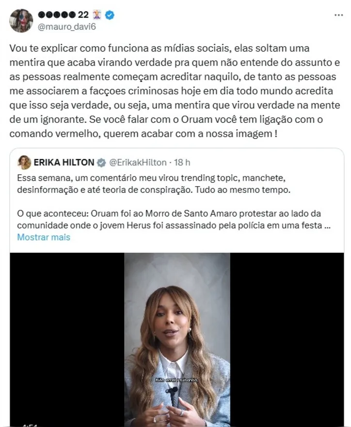 Post de Oruam na rede social X