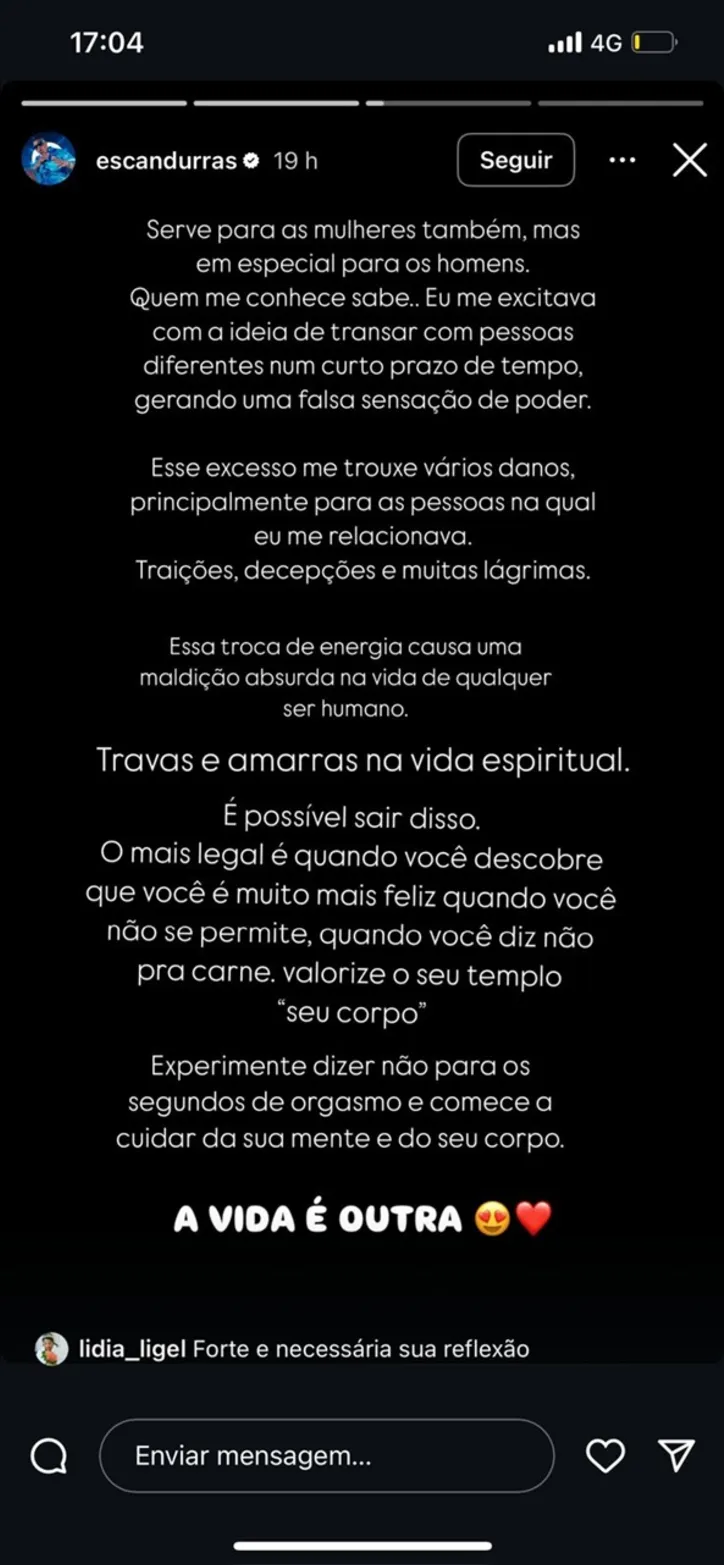 Imagem ilustrativa da imagem Escandurras faz forte desabafo sobre sua relação com sexo; confira