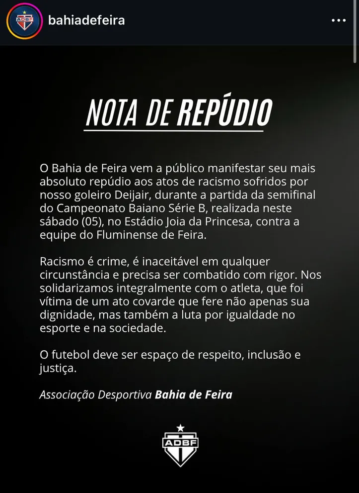 Nota de repúdio do Bahia de Feira
