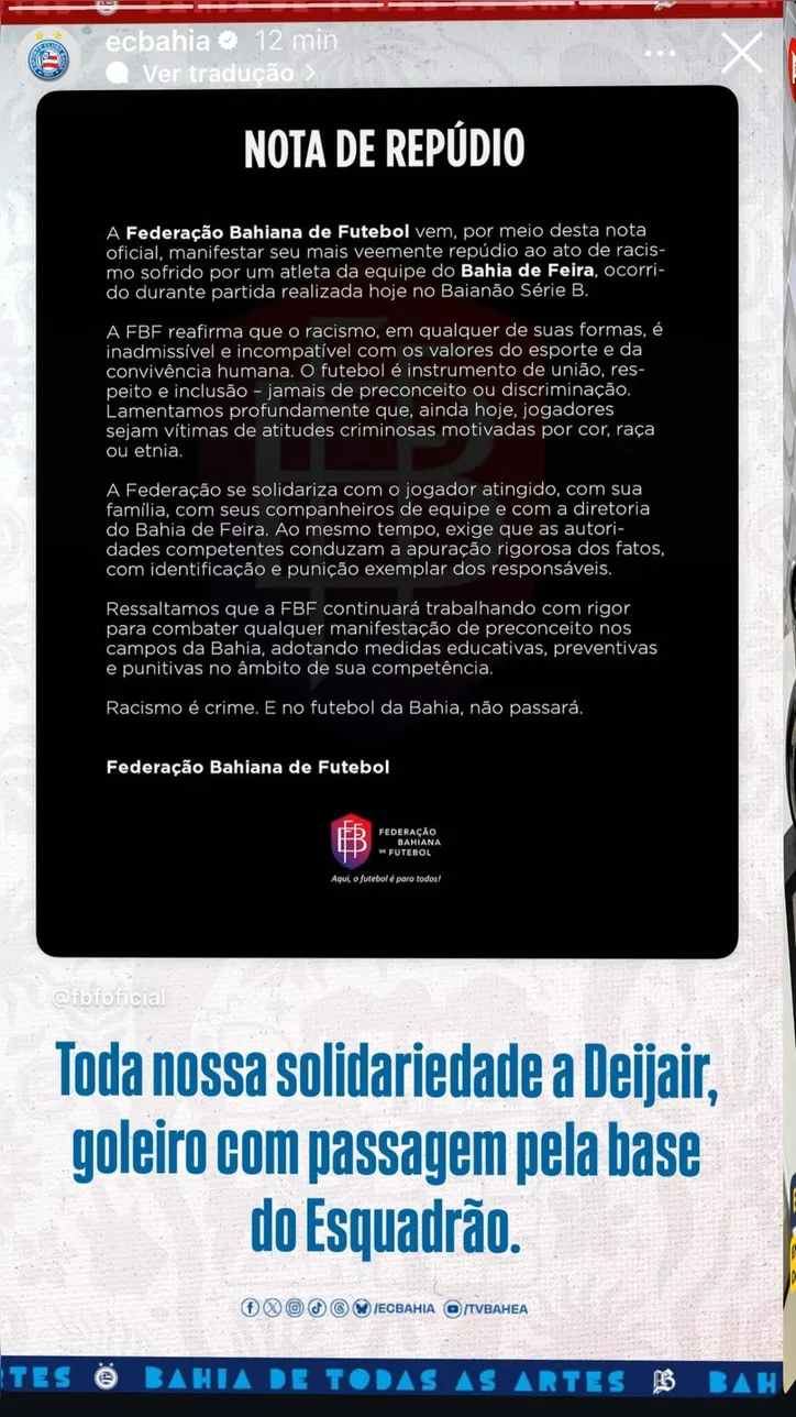 Nota de repúdio do Bahia