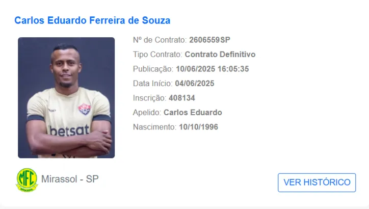 Carlos Eduardo vai defender o Mirassol