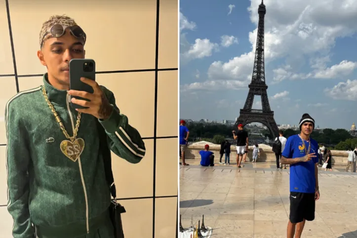 Colar de ouro cravejado e roupa de grife durante Eurotour