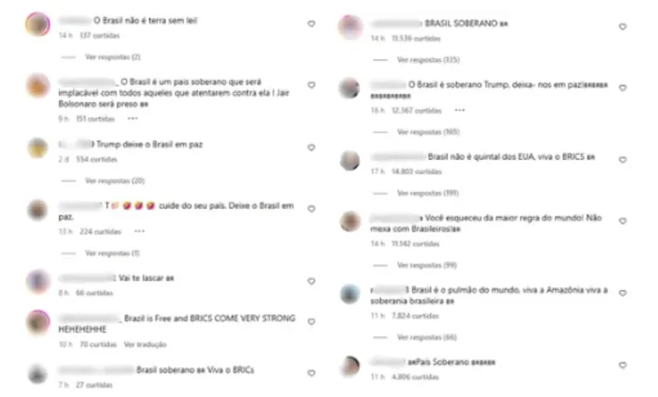 Comentários de brasileiros na conta de Donald Trump