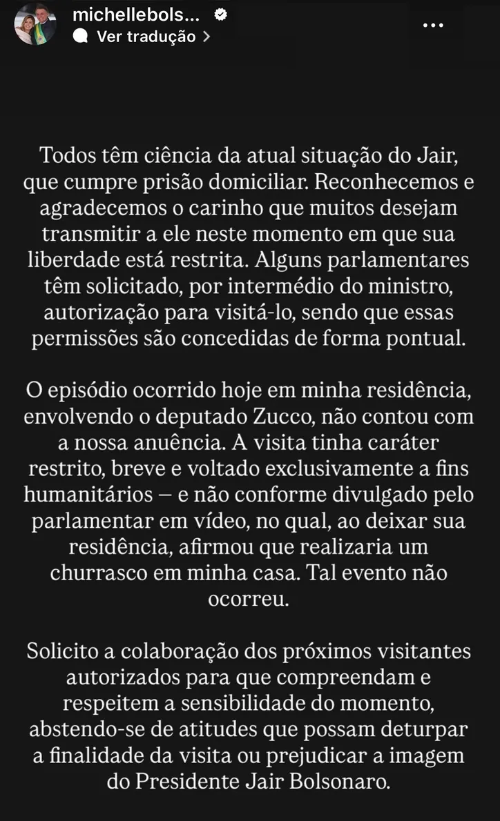 Imagem ilustrativa da imagem Churrasco na prisão domiciliar de Bolsonaro: Michelle dá bronca em deputado