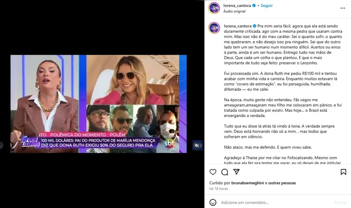 Post de Lorena no Instagram