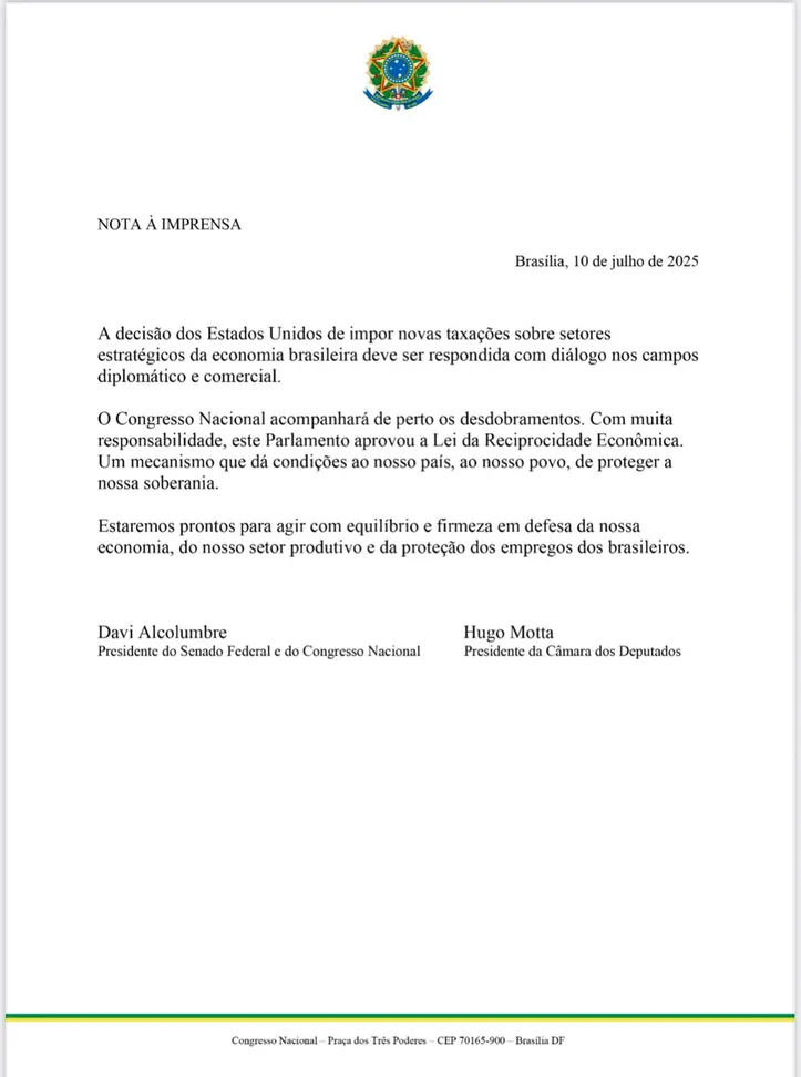 Nota divulgada pelo Congresso Nacional