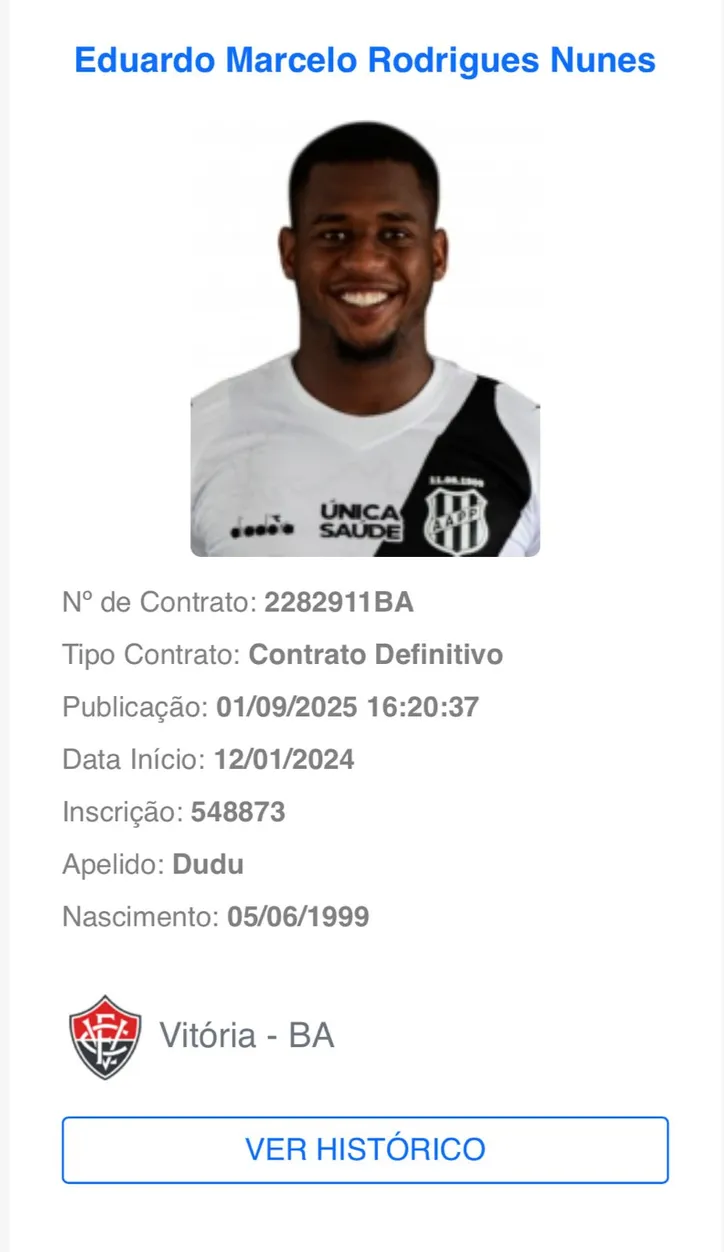 Dudu teve contrato publicado no BID da CBF
