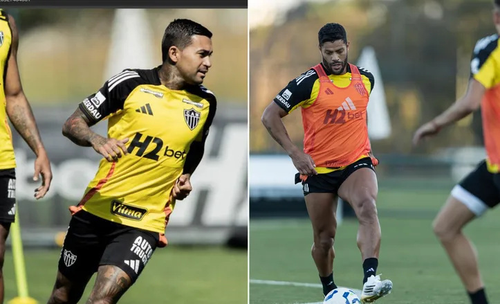Dudu e Hulk em treinamento pelo Atlético-MG com os bolsos para fora dos shorts