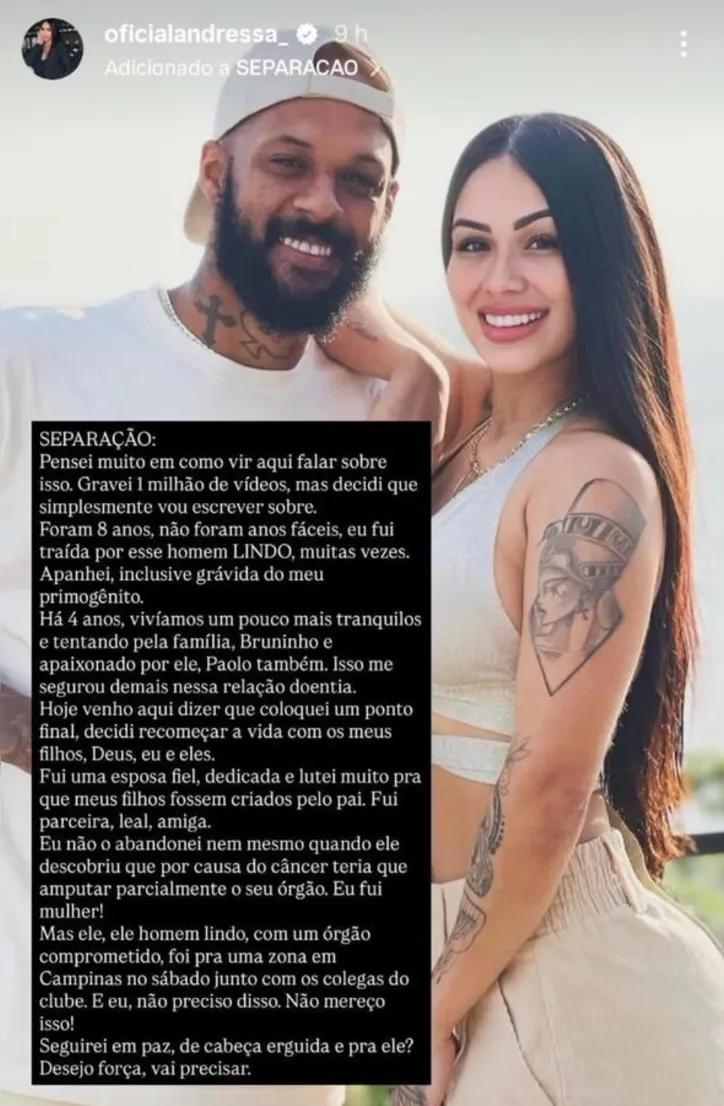Post de Andressa nas redes sociais