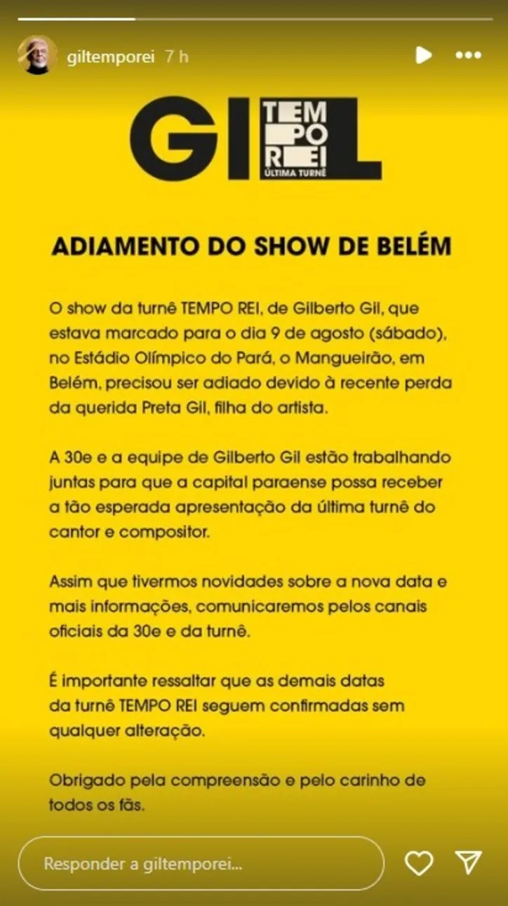 Post sobre a turnê