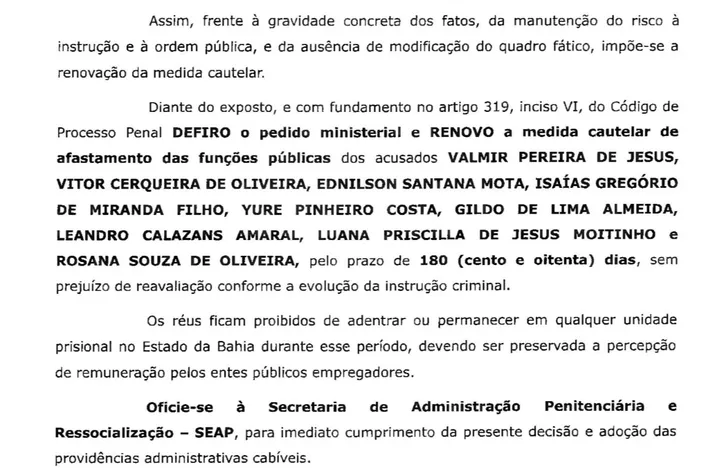 Trecho da portaria que determina a renovação do afastamento