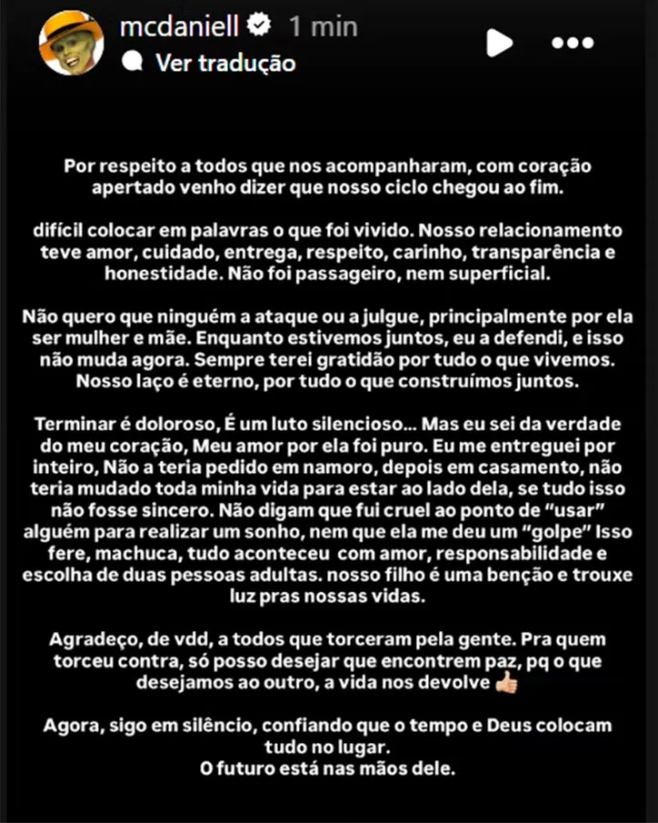 Mc Daniel publica comunicado sobre o fim do relacionamento