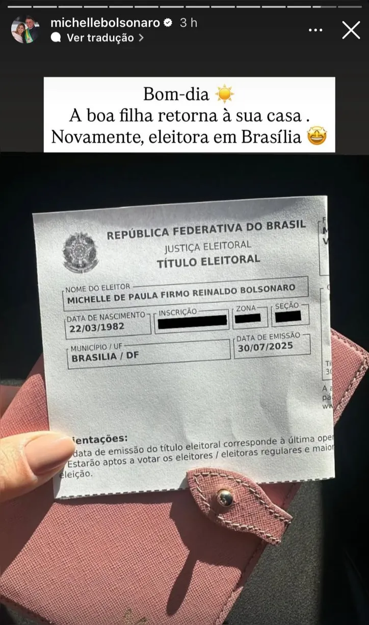 Título eleitoral de Michelle Bolsonaro
