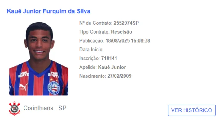 Kauê Furquim teve rescisão com o Corinthians publicada no BID