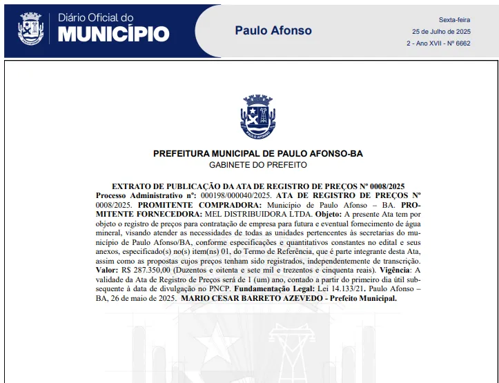 Imagem ilustrativa da imagem Prefeito abre atas para gastos de R$ 1 milhão em água mineral na Bahia