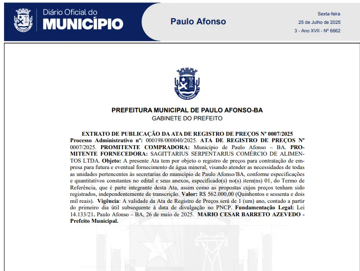 Imagem ilustrativa da imagem Prefeito abre atas para gastos de R$ 1 milhão em água mineral na Bahia