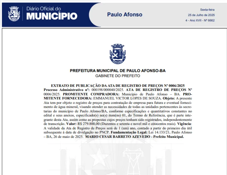Imagem ilustrativa da imagem Prefeito abre atas para gastos de R$ 1 milhão em água mineral na Bahia