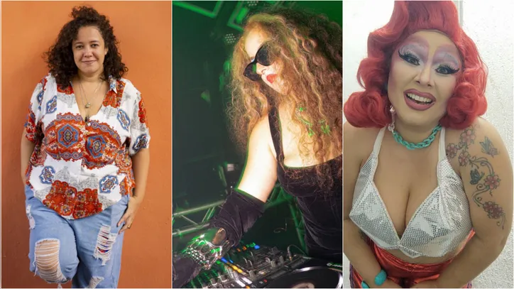 Mariana Passos (idealizadora). Foto: Sharlene Melanie / DJ Karmaleoa. Foto: Enzo Angelo / Andressa Santa Lúcia (Drag Queen Towanda Verde Frita) Foto:  Arquivo pessoal