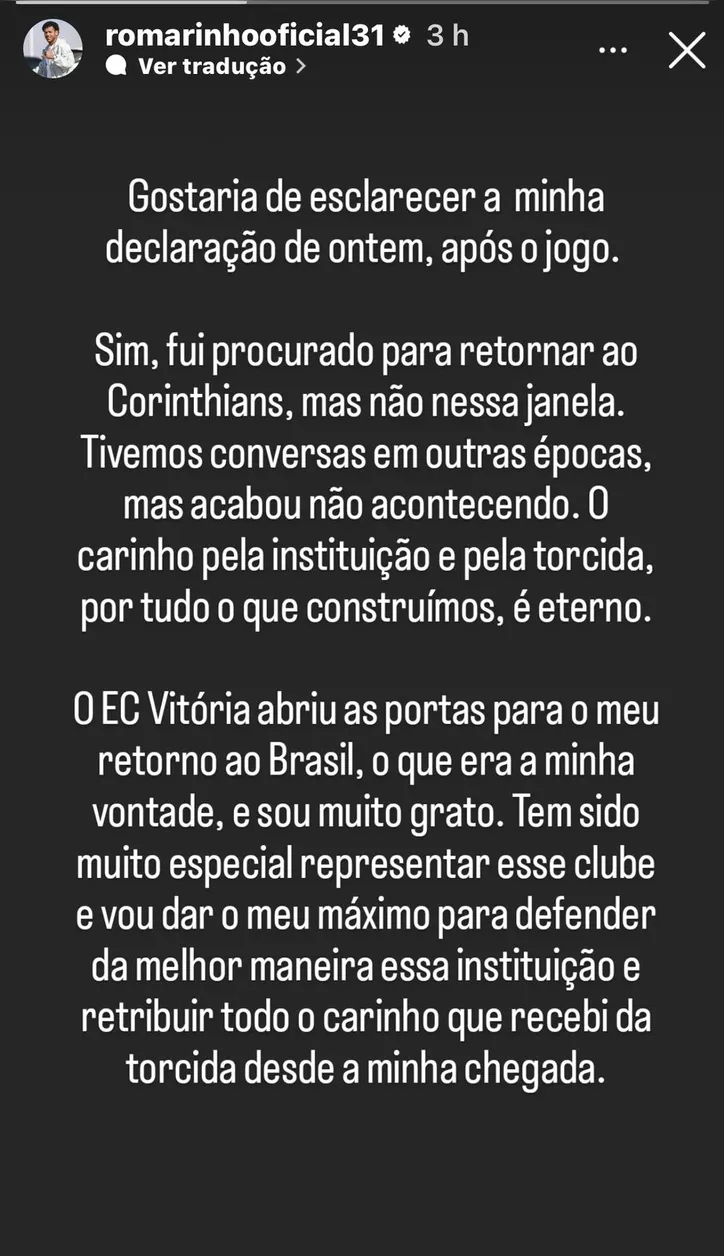 Imagem ilustrativa da imagem Romarinho faz esclarecimento nas redes sociais após entrevista confusa