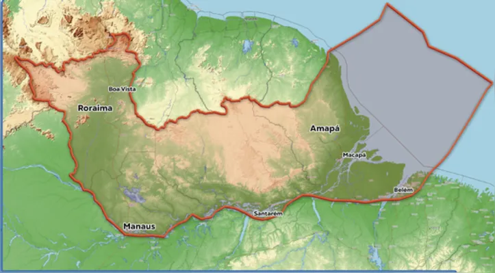 Área de abrangência da Operação Atlas, na fronteira norte do Brasil, divisa com a Venezuela e a Guiana