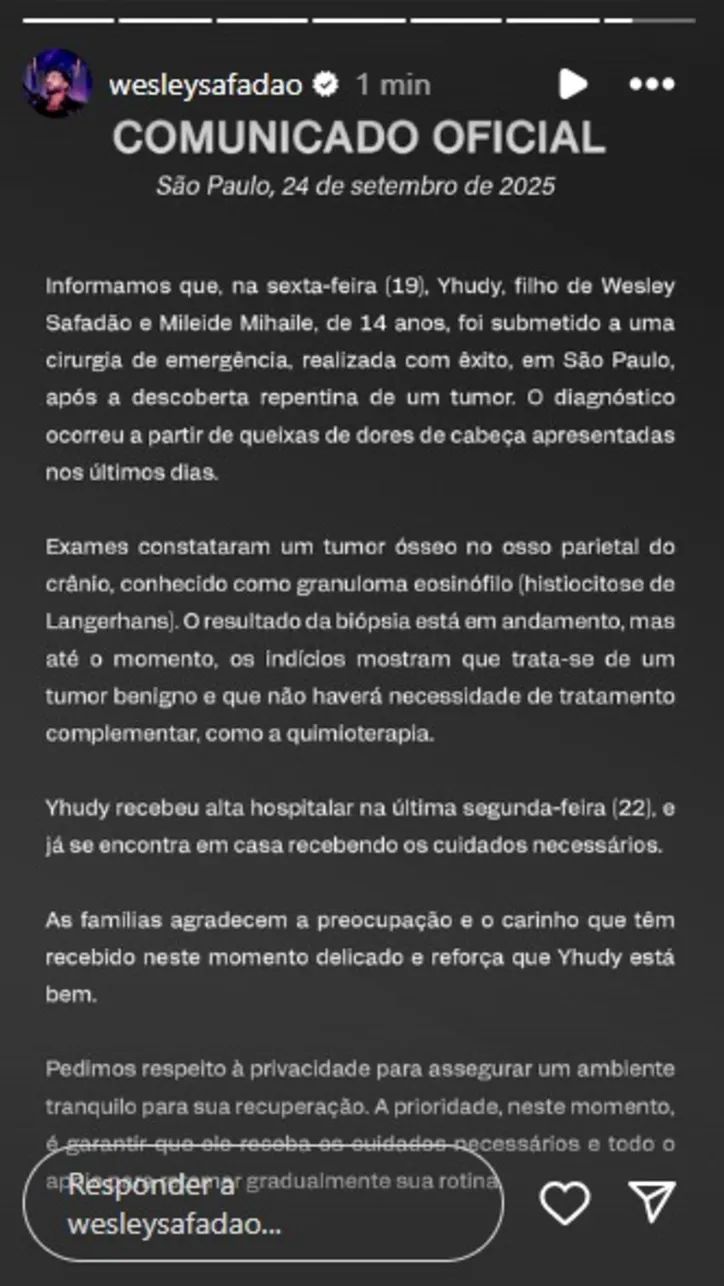 Comunicado de Safadão sobre o estado de saúde do filho