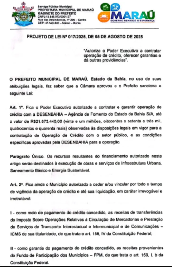 Imagem ilustrativa da imagem Prefeitura de Maraú pede empréstimo milionário e divide opiniões