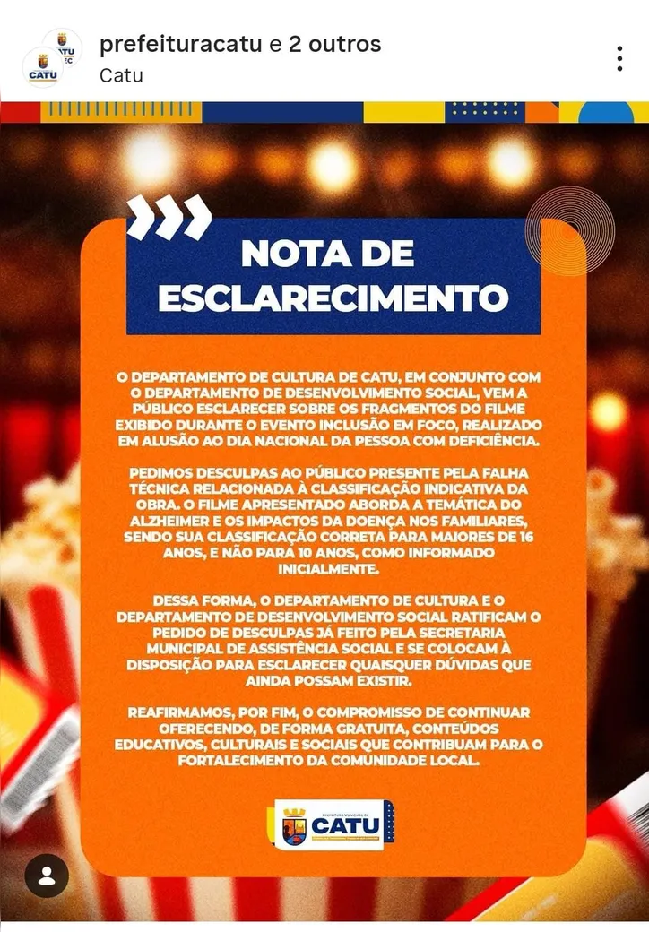 Em nota, a prefeitura informou que a exibição do filme não passou de 'erro técnico'